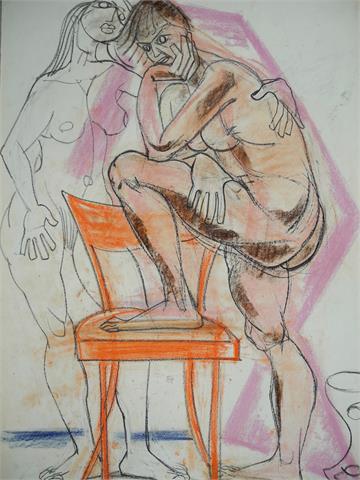 1x Franziskus Dellgruen (1901-1984), '"Zwei Akte mit Stuhl"', kolorierte Zeichnung auf Papier, unsign.