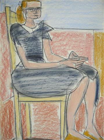1x Franziskus Dellgruen (1901-1984), '"Mädcen auf Stuhl"', kolorierte Zeichnung auf Papier, unsign.
