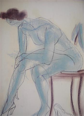 1x Franziskus Dellgruen (1901-1984), '"Frau, Stuhl, Schuhe"', kolorierte Zeichnung auf Papier, unsign.