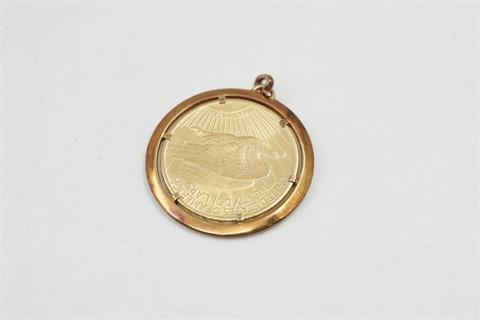 1 Kettenanhänger, GG585, mit eingefasster Goldmünze